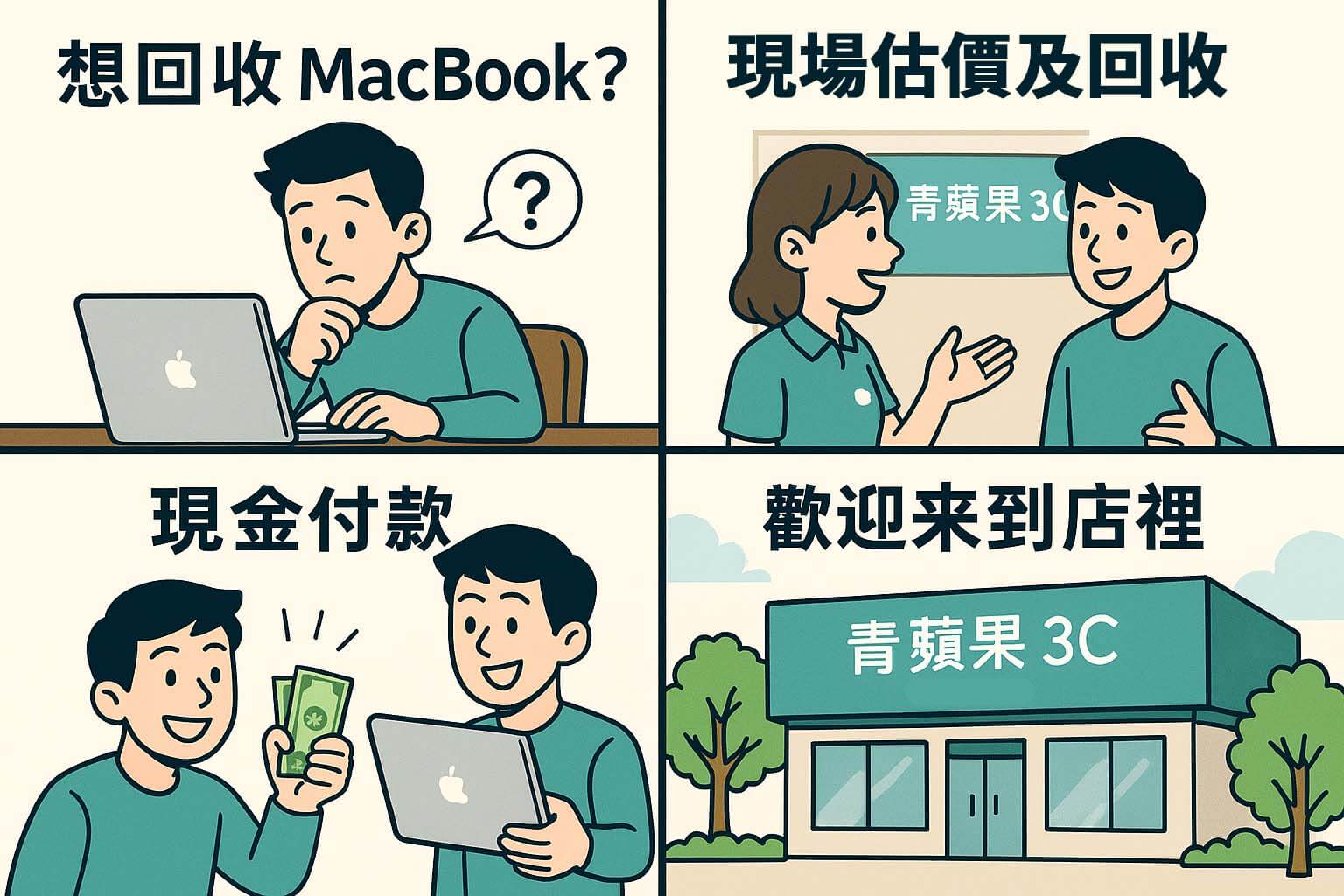 MacBook 回收四格漫畫|估價流程輕鬆簡單、現金快速領